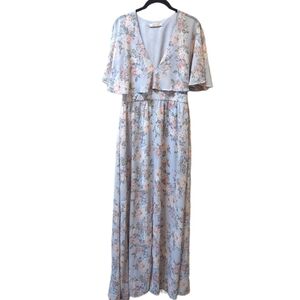 WAYF Love Note Floral Flutter Sleeve Pale Blue Chiffon Caped Maxi Dress (M)